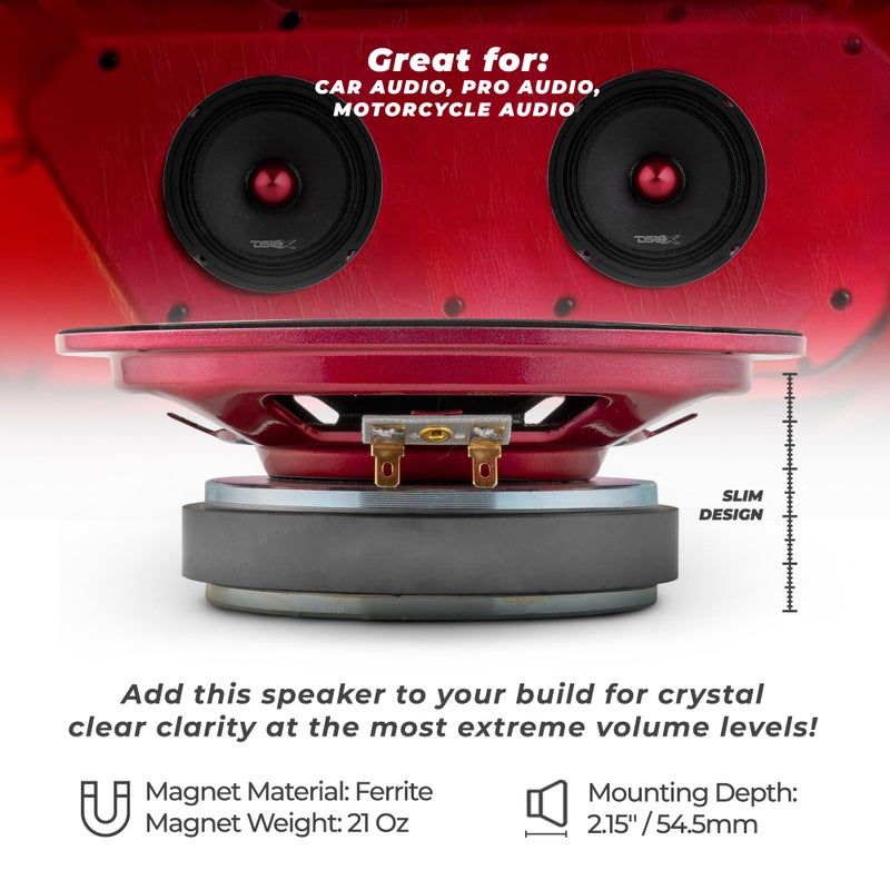 DS18 PRO-X6.4BMSL Slim Loudspeaker - 6.5", Midrange, Red Aluminum Bullet, 500W Max, 250W RMS, 4 Ohms - Premium Quality Audio Door Speakers for Car or Truck Stereo Sound System (1 Speaker) - Image 3